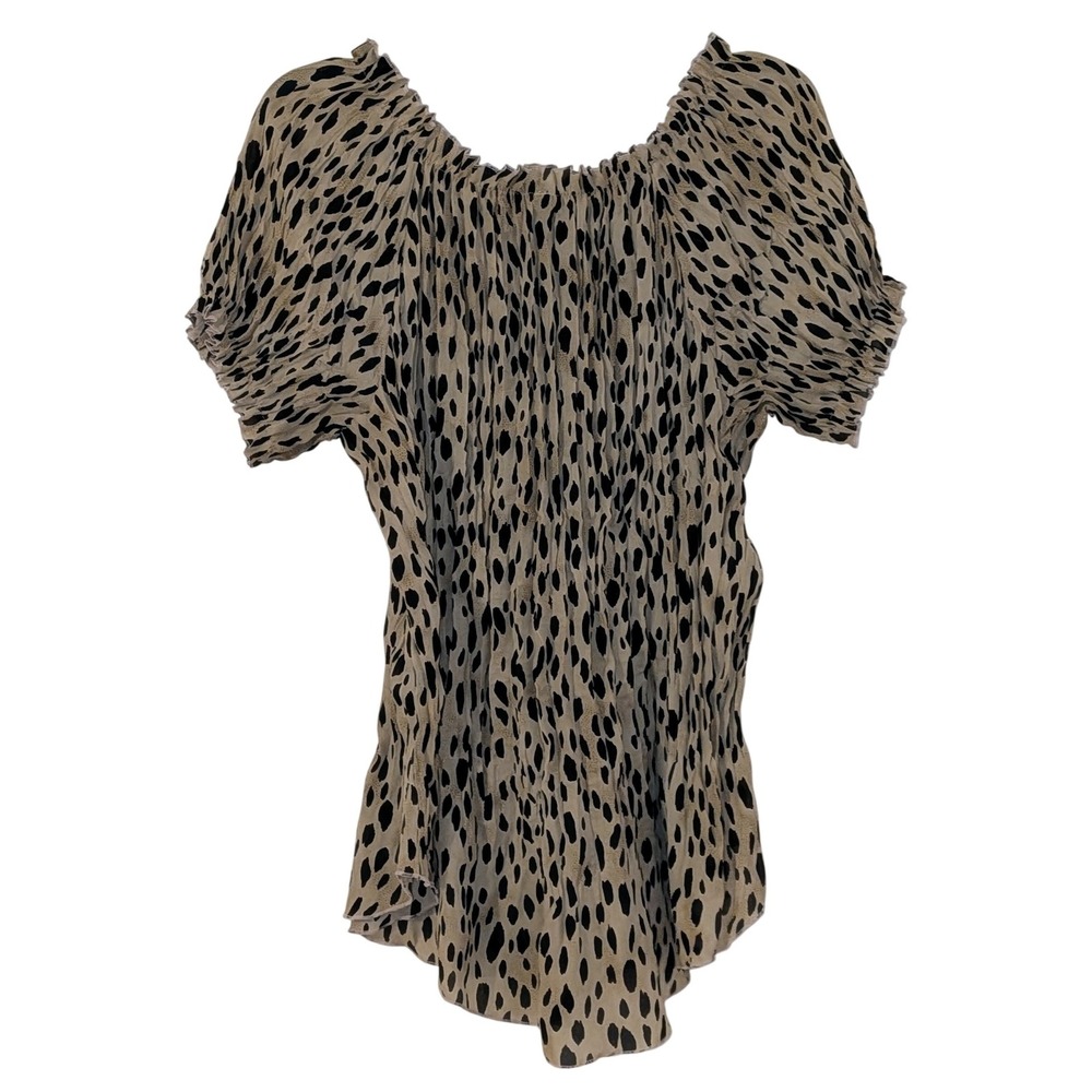 Essentials‎ By Milano Leopard Print Smocked Blouse Tan Black XL Short Sleeve Top